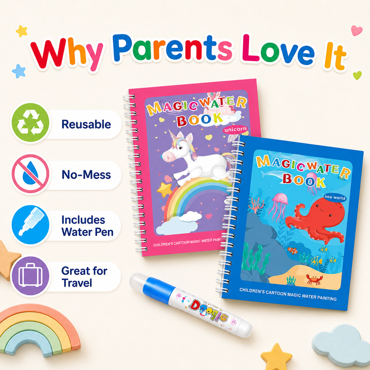 Magic Water Coloring Book-Reusable No-Mess Drawing Activity Set