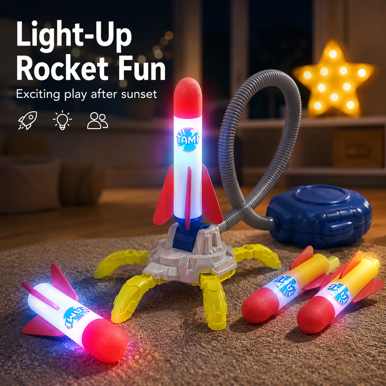 Kids Pedal Rocket Launcher Toy – Glow-in-the-Dark Foam Rockets for Outdoor Fun