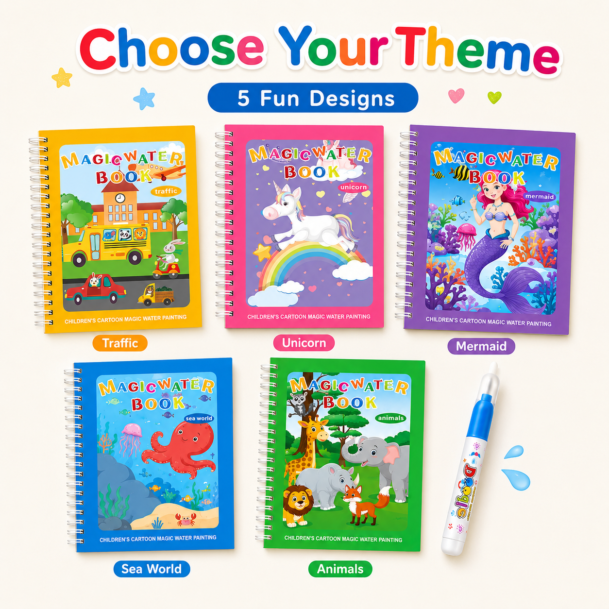 Magic Water Coloring Book-Reusable No-Mess Drawing Activity Set